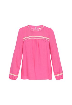 Rožnata dolga majica z dolgimi rokavi in okroglim izrezom, okrašena z zlatimi detajli in naborki pod prsmi, izdelana iz lahkega blaga.