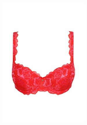 Red lace bra with floral pattern, underwire support, scalloped edges, and a small decorative bow at the center. Soft texture.