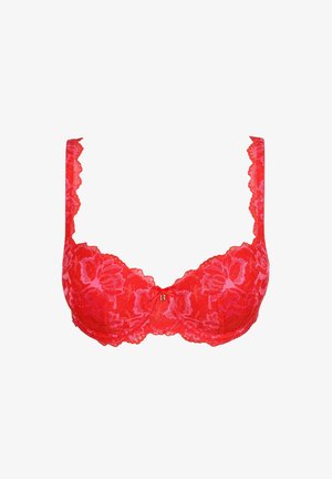 Rode kanten bh met bloemenpatroon, beugelsupport, golvende randen en een kleine decoratieve strik in het midden. Zachte textuur.