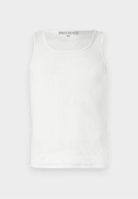 White cotton tank top with a rounded neckline and sleeveless design. Features a ribbed texture and a straight hem at the bottom.