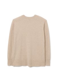 Beige lange mouw crewneck trui met geribde manchetten en zoom, van achteren getoond op een witte achtergrond.