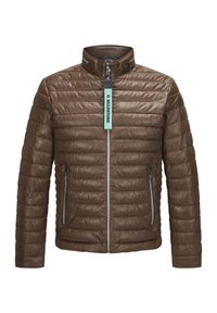 Braune Leder-Pufferjacke mit horizontaler Steppung, Stehkragen und zwei vorderen Reißverschlusstaschen. Verfügt über einen Frontreißverschluss und ein Etikett.
