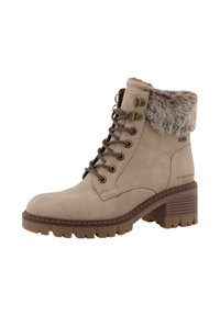 Bottines beiges en suède avec un col en fausse fourrure, des crochets métalliques pour les lacets et un talon épais ; semelle en caoutchouc robuste avec un motif de semelle.