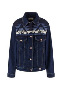 Tamsiai mėlynas džinsinio audinio švarkas su raštuotu audiniu pečių srityje mėlynos ir baltos spalvų atspalviais. Jame yra vario spalvos sagos ir dvi priekinių kišenių.