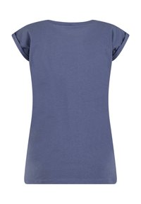 Blaues Baumwoll-T-Shirt mit kurzen Ärmeln und rundem Ausschnitt, ausgestattet mit einer glatten Textur und einem geraden Saum.