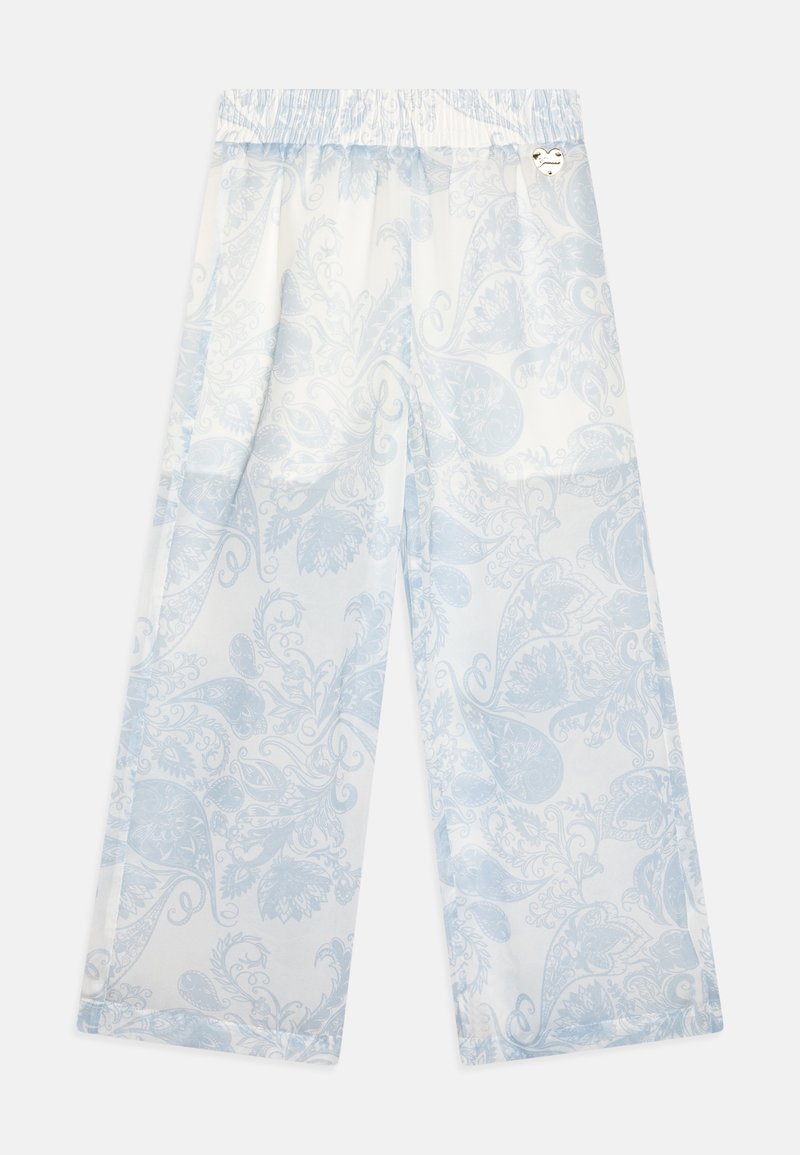 Lekkie, jasnoniebieskie spodnie z kwiatowym wzorem paisley, elastyczną talią i szerokimi nogawkami, z subtelnym połyskiem.