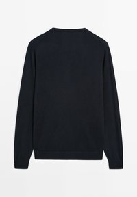 Navy blue long-sleeve sweater with a rounded neckline, made of smooth fabric, featuring ribbed cuffs and hem, and raglan sleeve design.