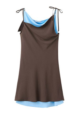 Vestido marrón sin mangas con forro azul claro y tirantes ajustables con lazo sobre fondo blanco.