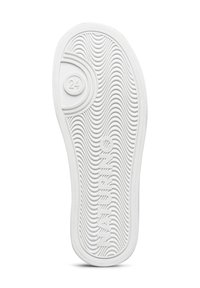 Biała gumowa podeszwa z bieżnikiem w kształcie fali, rozmiar 24 tłoczony w pobliżu pięty, a nazwa marki "NATURINO" wymodelowana wzdłuż łuku buta.
