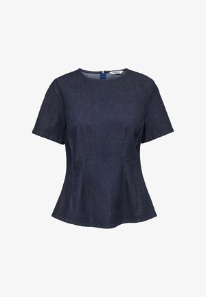 Blouse en denim bleu foncé à manches courtes, col rond, taille ajustée et fermeture éclair au dos.