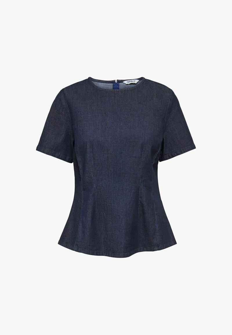 Blouse en denim bleu foncé à manches courtes, col rond, taille ajustée et fermeture éclair au dos.