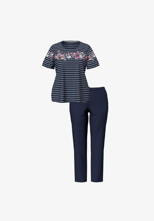 Top bleu marine à manches courtes avec des rayures blanches et un imprimé floral rose, associé à un pantalon droit bleu marine uni.