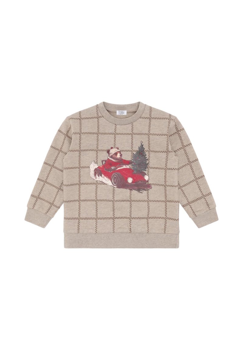 Felpa beige con motivo a griglia, caratterizzata da una grafica di un orso in una macchina rossa con un albero. Polsini e collo a costine. Tessuto morbido.