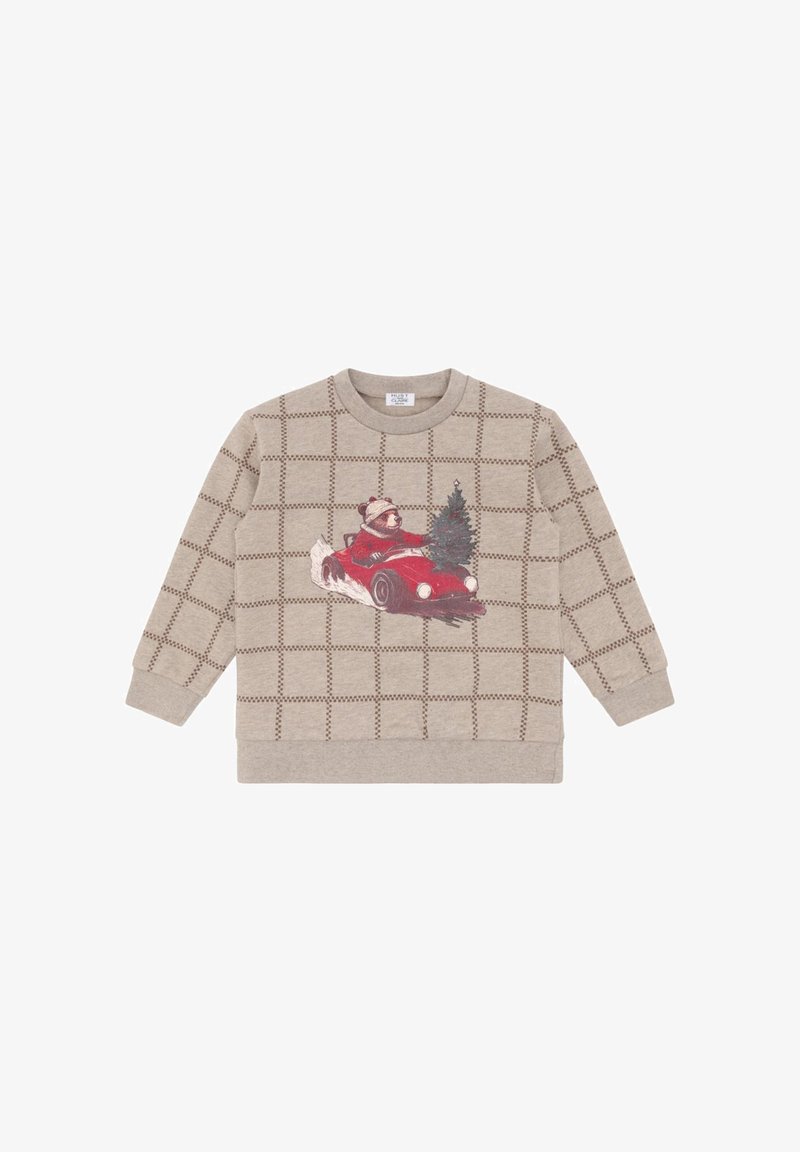 Felpa beige con motivo a griglia, caratterizzata da una grafica di un orso in una macchina rossa con un albero. Polsini e collo a costine. Tessuto morbido.