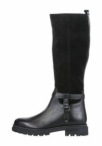 Bottes noires hauteur genou en cuir lisse et en daim. Dotées d'une fermeture éclair sur le côté, d'une sangle en cuir avec boucle et d'une semelle en caoutchouc texturée.