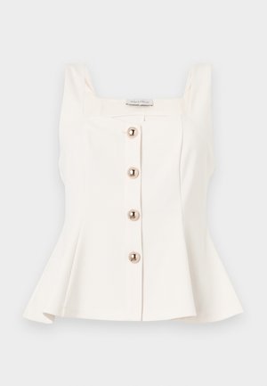 Haut blanc sans manches avec un col carré, quatre gros boutons ronds sur le devant et une légère évasement à la taille.