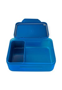 Blaue, Kunststoff-Lunchbox mit einem klappbaren Deckel. Verfügt über ein großes Fach und einen kleineren Bereich, glatte Oberfläche und abgerundete Kanten.