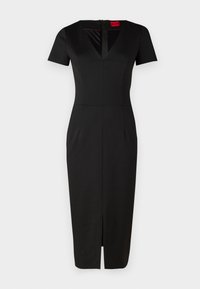 Black fitted dress with short sleeves, V-neckline, front slit, and structured design. Made from smooth, stretchy fabric. Tag visible.