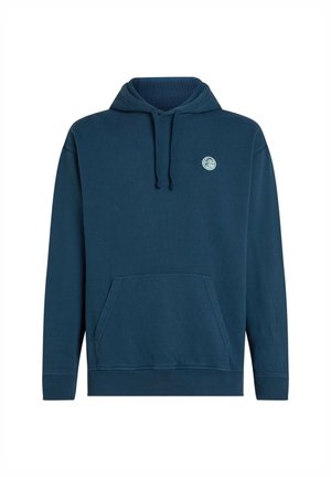 Marineblauer Kapuzenpullover mit Vordertasche, aus weichem Stoff, mit rundem Logo auf der linken Brust und gerippten Bündchen.