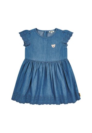 Denim dress with short ruffled sleeves, round neckline, and flared skirt. Features embroidered bear patch and scalloped eyelet hem. Blue color.