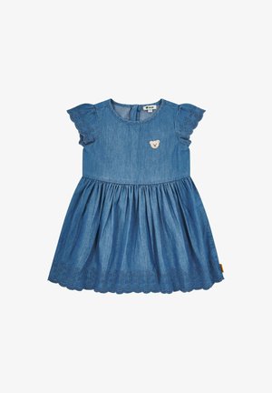 Denim dress with short ruffled sleeves, round neckline, and flared skirt. Features embroidered bear patch and scalloped eyelet hem. Blue color.