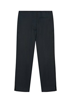 Pantaloni neri su misura con gambe dritte, tasca posteriore con filetto e piccole aperture laterali all'orlo, mostrati distesi su sfondo bianco.