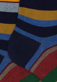 Calzini a righe con colori blu navy, blu, giallo e rosso, caratterizzati da larghezze di righe variabili e una texture lavorata a maglia liscia.
