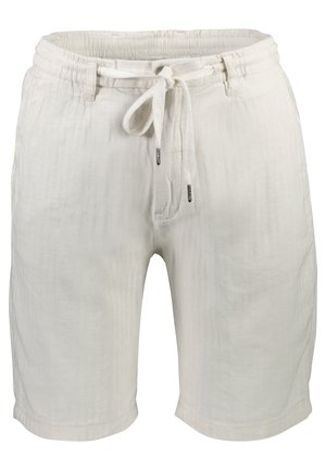 Beige linen shorts with an elastic waistband, drawstring closure, side pockets, and a relaxed fit, featuring a smooth, textured fabric.