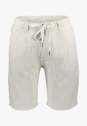 Bež kratke hlače iz platna z elastičnim pasom, zapiranjem na vrvico, stranskimi žepi in sproščenim krojem, ki vsebujejo gladko, teksturirano blago.