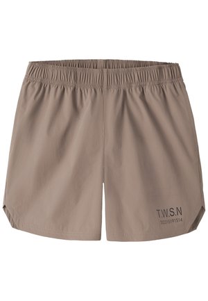 Heledad pruunid elastse vöökohaga lühikesed püksid, alumisel paremal jalal väike must tekst "T.W.S.N" ja numbrid, lihtsa disainiga, nähtavad taskud puuduvad.