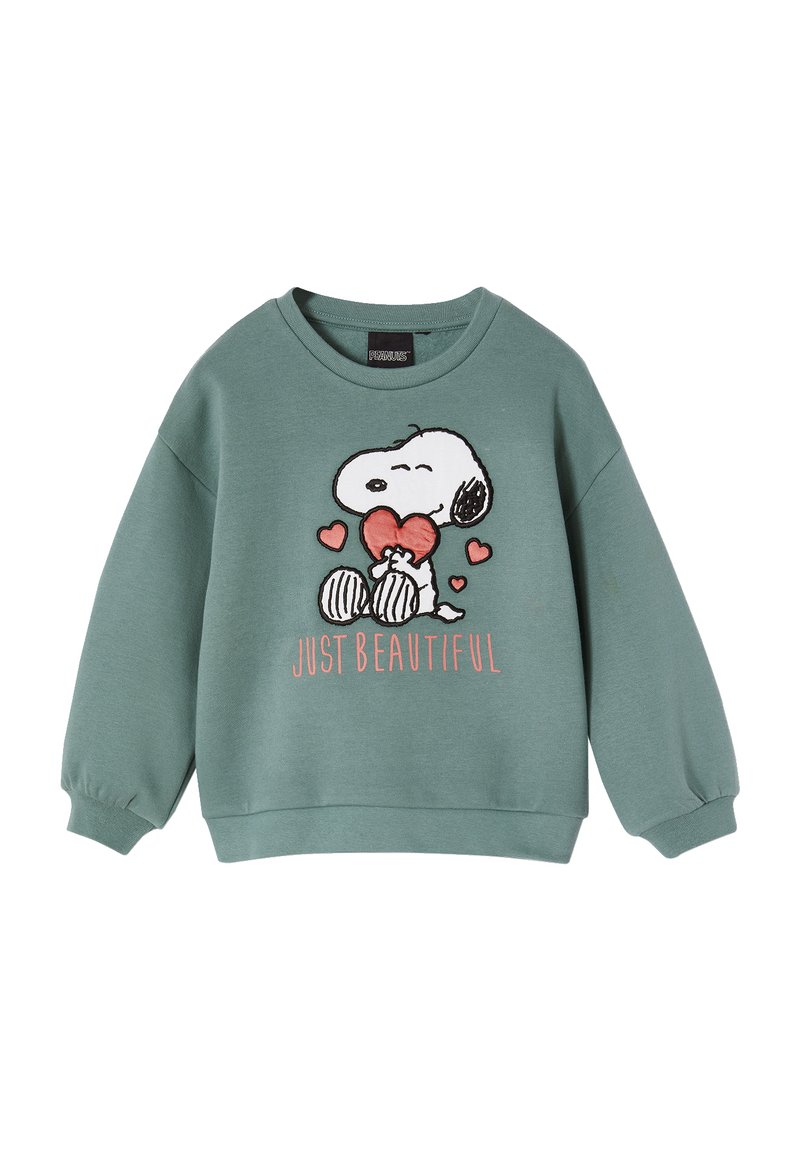 Grüner Pullover mit langen Ärmeln, der ein gesticktes Snoopy-Motiv zeigt, das ein Herz hält, und den Text "EINFACH SCHÖN" in Pink.