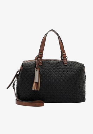 Borsa nera in tessuto con dettagli in pelle marrone, doppi manici, una tracolla staccabile e un dettaglio a frange. Presenta una chiusura con zip.