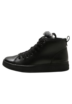 Black high-top leather sneaker with black laces and a gray fur-lined ankle collar, flat sole, and pull tab at the back.