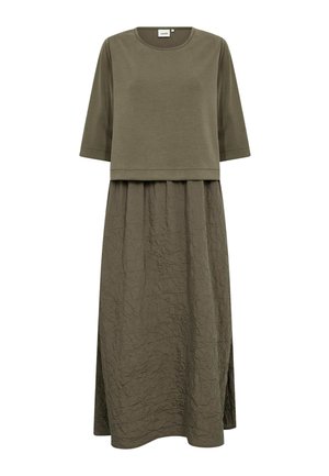 Vestito midi verde oliva con la metà superiore semplice, maniche lunghe fino al gomito e gonna in tessuto arricciato e strutturato.