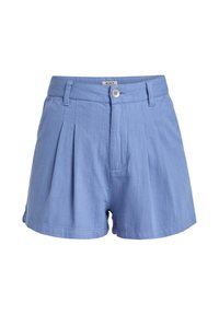 Shorts bleu clair en tissu texturé, avec des plis, une fermeture à bouton et des poches latérales. Longueur courte avec un ourlet simple.