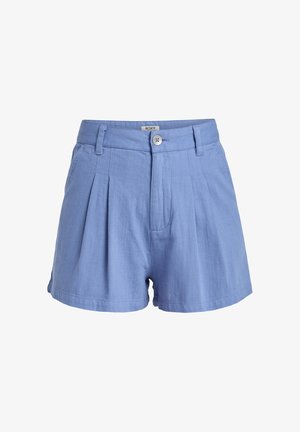 Light blue shorts made of textured fabric, featuring pleats, a button closure, and side pockets. Short length with a simple hem.