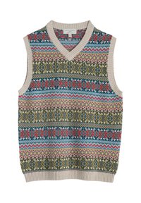 Ärmellose Strickweste mit V-Ausschnitt, die mehrfarbige geometrische und florale Muster in Rot-, Blau-, Grün- und Beigetönen zeigt.