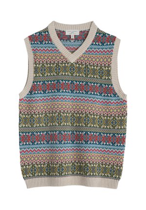 Gilet sans manches en tricot avec décolleté en V, présentant des motifs géométriques et floraux multicolores dans des teintes rouge, bleu, vert et beige.