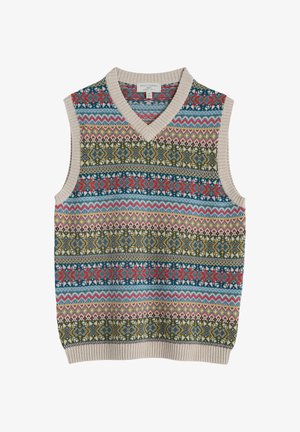 Udenærmet strikket vest med V-udskæring, der har flerfarvede geometriske og blomster mønstre i røde, blå, grønne og beige nuancer.