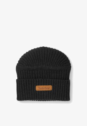 Berretto a coste nero in maglia con risvolto e toppa in pelle marrone con marchio Timberland al centro davanti.