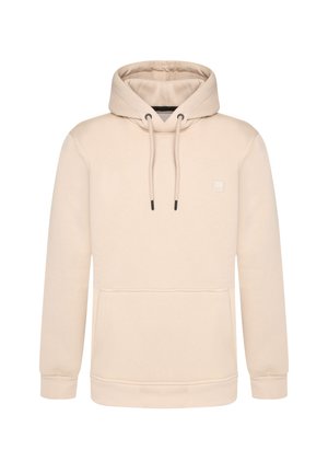 Cremefarbener Kapuzenpullover aus weichem Material, mit einer Fronttasche, Kordeln und einem kleinen Logo auf der Brust. Normale Passform.