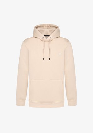 Crème-kleurige hoodie van zacht materiaal, met een voorzak, trekkoorden en een klein logo op de borst. Regular fit.