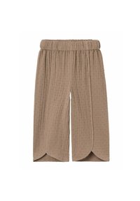 Pantaloni corti marrone chiaro, con texture e finitura spiegazzata, vita elasticizzata e dettaglio dell'orlo curvo. Presentano un motivo a pois discreto su tutta la superficie.