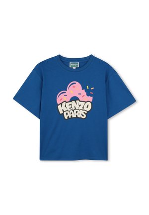 T-shirt bleu en coton à manches courtes avec un graphique de donut rose garni de vermicelles multicolores et le texte "KENZO PARIS" en lettres majuscules noires.
