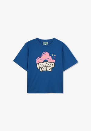 Niebieska bawełniana koszulka z krótkim rękawem z grafiką różowego pączka z wielokolorowymi posypkami oraz napisem "KENZO PARIS" w pogrubionej, czarnej czcionce.