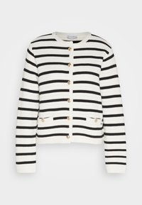 Cardigan a righe con un knit dalla texture in bianco e nero. Presenta bottoni dorati e due tasche frontali. Collo rotondo e maniche lunghe.