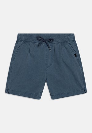 Shorts en coton bleu avec taille élastique à cordon, poches latérales et bords ourlés. Tissu léger avec une texture subtile.