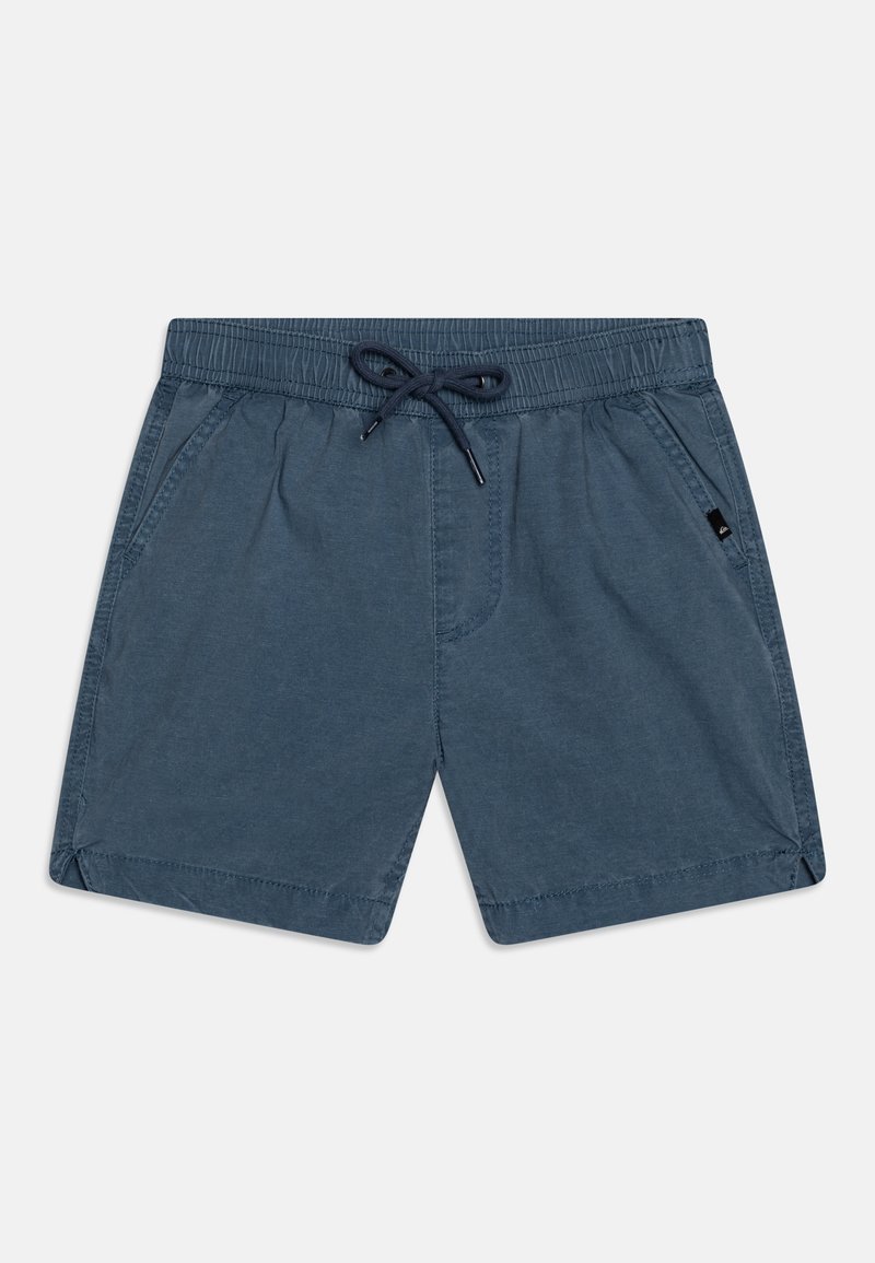 Modré bavlněné kraťasy s páskem na stažení, bočními kapsami a zakončenými okraji. Lehká tkanina s jemnou strukturou.