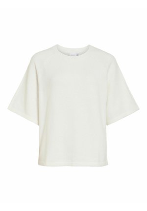 Valge üle suuruses T-särk lühikeste raglaanvarrukatega, ümara kaelusega, pehme tekstuuriga ja lihtsa disainiga, sobib igapäevaseks kandmiseks.