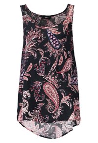 Black sleeveless top with red and white paisley pattern, round neckline, and a slightly curved hem. Made of lightweight fabric.